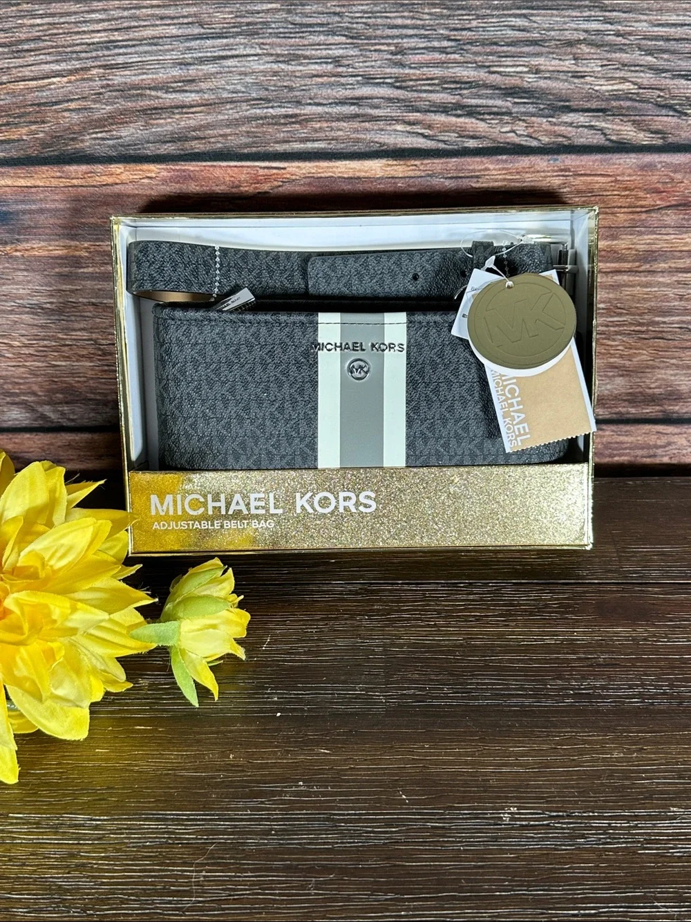 Michael Kors Gray Signature Belt Bag with Center Stripe